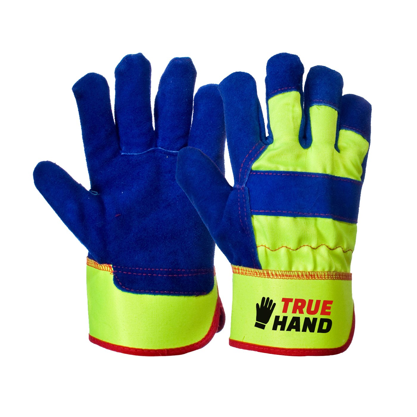 Fluorescent Blue & Neon Yellow Hi Vis Split Leather Work Gloves
