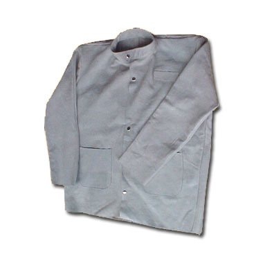 Front Pockets Grey Leather Welding Jacket Button Closure