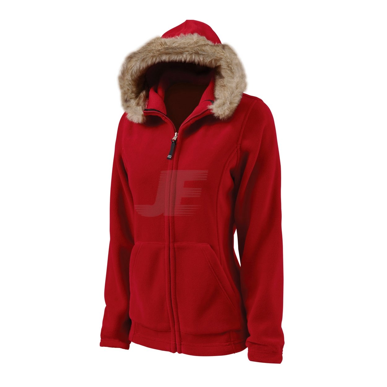 Women Red Zip Up Polar Fleece Hoodie with Fur