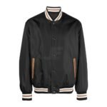 Black Button Varsity Style Satin Bomber Jacket