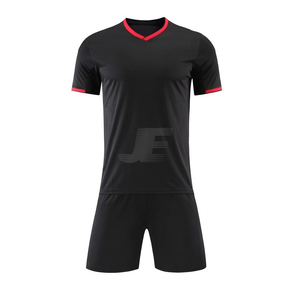 Solid Black Color Contrast Collar V-Neck Interlock Soccer Uniform