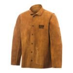 Brown Heavy Leather Welding Jacket With Collar & Button Closure