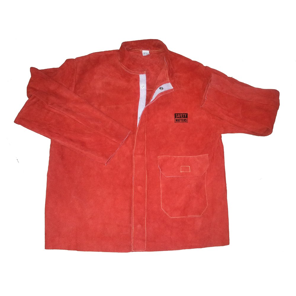 Red Heavy Leather Welding Jacket With Front Flap Pocket